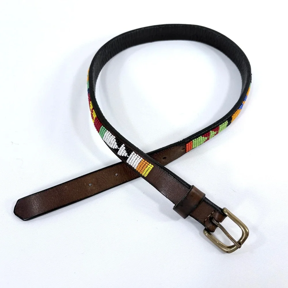 Handcrafted Beaded‎ Leather Belt Brown Colorful Tribal Geometric Brass Buckle 26
